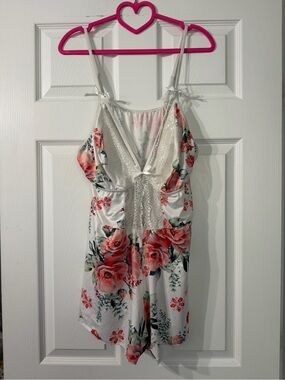 SHEIN Floral Lace-Trim Satin Romper - White with Pink Floral